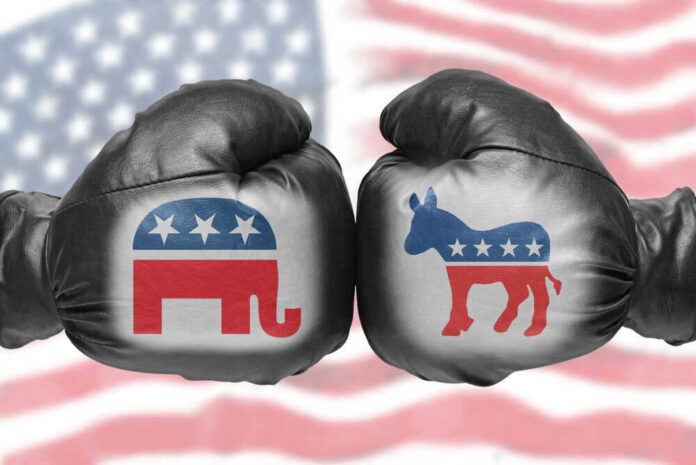 shutterstock_1748748089.jpg featured image Boxing gloves with Republican and Democrat symbols.