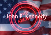 American flag with JKF top secret overlay text