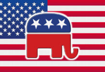Republican Party elephant logo on American flag background.