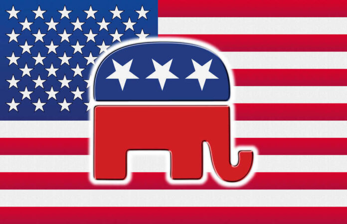 shutterstock_7701718.jpg featured image Republican Party elephant logo on American flag background.