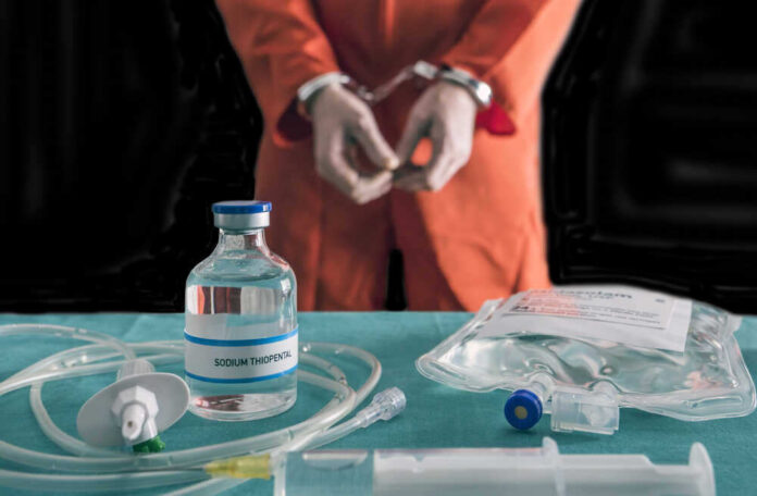 Handcuffed person in orange suit with lethal injection supplies.