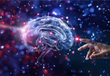 Hand reaching out to a digital brain simulation.