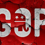 Cracked GOP logo on a red background