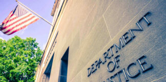Department of Justice building with American flag