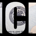 The word ICE over a dollar bill background