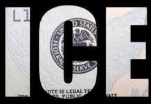 The word ICE over a dollar bill background