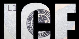 The word ICE over a dollar bill background