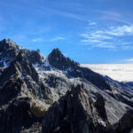Snowy mountain peaks under clear blue sky.