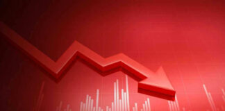 Red graph with downward arrow showing decline