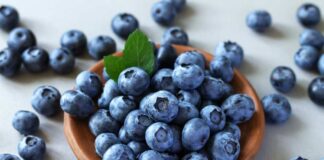 Bowl of blueberries with scattered berries nearby