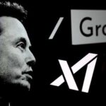 A black and white portrait of Elon Musk, accompanied by the logos of xAI and Grok