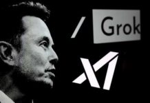 A black and white portrait of Elon Musk, accompanied by the logos of xAI and Grok