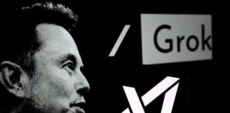 A black and white portrait of Elon Musk, accompanied by the logos of xAI and Grok