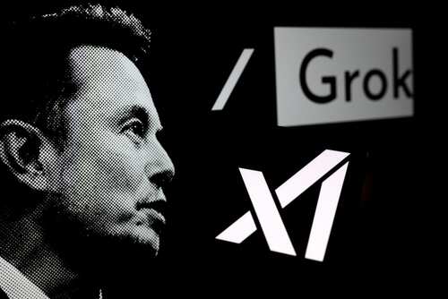 shutterstock_2396034017.jpg A black and white portrait of Elon Musk, accompanied by the logos of xAI and Grok