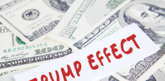 Text Trump Effect over hundred dollar bills
