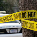 Police tape surrounding a tree and police car