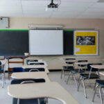 Empty classroom with desks projector and chalkboard