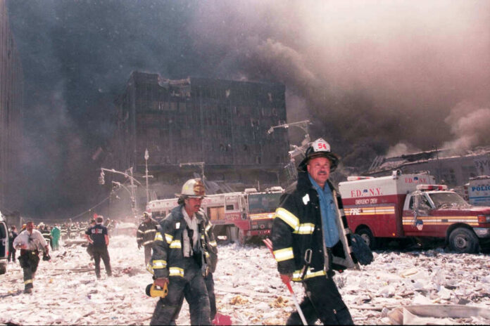 Firefighters at World Trade Center debris aftermath