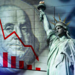 Statue of Liberty, Benjamin Franklin, declining red graph