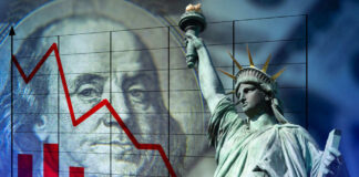Statue of Liberty, Benjamin Franklin, declining red graph