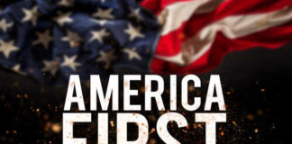 Text AMERICA FIRST overlaid on an American flag background