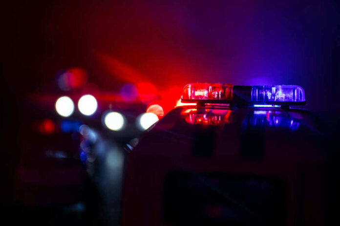 shutterstock_1191163906.jpg Police car lights shining in the dark