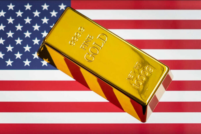 Gold bar on American flag background