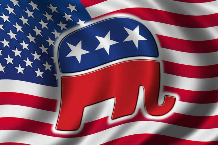 Republican Party elephant logo on American flag background