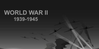 Illustration depicting World War II with tanks and airplanes