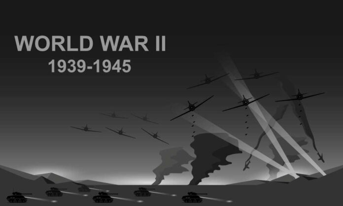 Illustration depicting World War II with tanks and airplanes