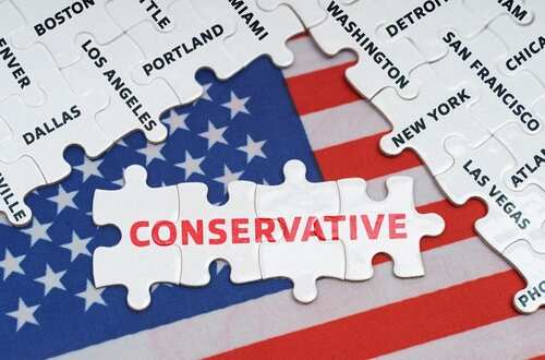 Puzzle pieces with the word CONSERVATIVE on an American flag background