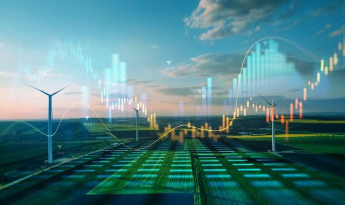 A digital representation of wind turbines with overlaid financial data graphs