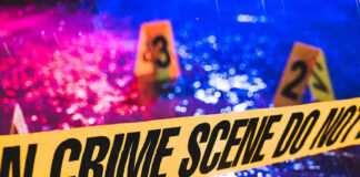 Crime scene tape with blurred evidence markers.