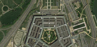 Aerial view of the Pentagon building surrounded by roads and parking lots