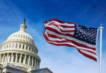 Congress Power Play Smothers Trump U.S. Capitol building with American flag waving.