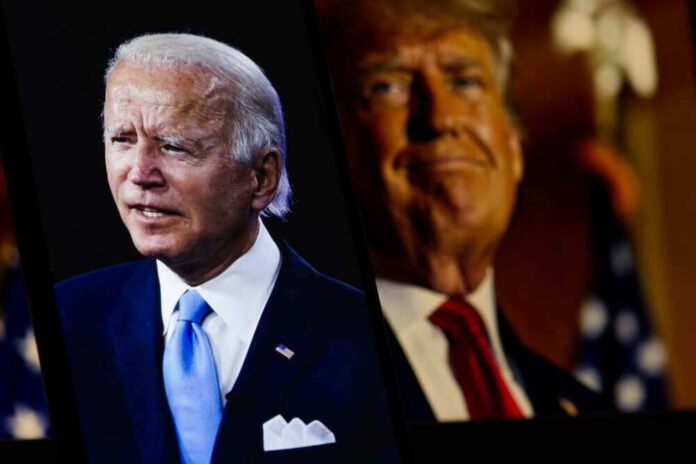 Joe Biden and Donald Trump side-by-side on screens.