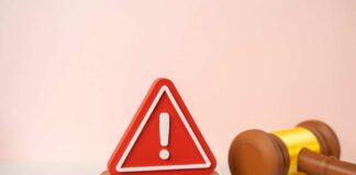 A red warning sign next to a legal gavel on a light background