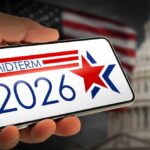 Trump District FALLS — November Nightmare Coming? Hand holding a smartphone displaying 'MIDTERM 2026' with a star and American flag in the background