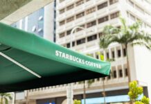 Starbucks Coffee awning in an urban environment