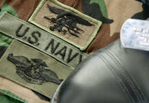 Military patches and dog tag on camouflage fabric