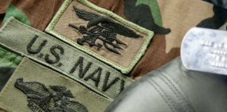 Military patches and dog tag on camouflage fabric