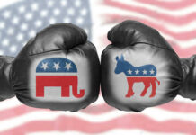 Boxing gloves with Republican and Democrat symbols.