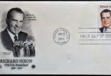 Commemorative envelope featuring Richard Nixon with a stamp and cancellation mark