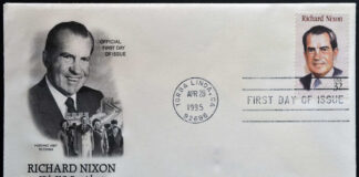 Commemorative envelope featuring Richard Nixon with a stamp and cancellation mark