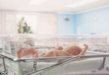Newborn baby lying in a transparent crib in a hospital nursery
