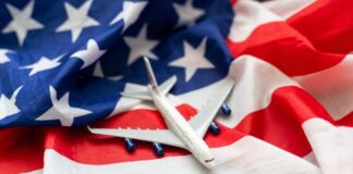 A model airplane placed on an American flag