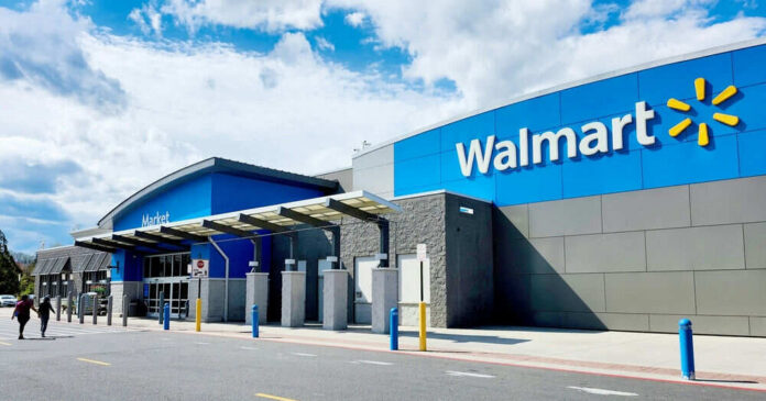 Walmart store entrance with blue skies above