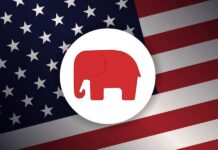 Red elephant icon on a background of the American flag