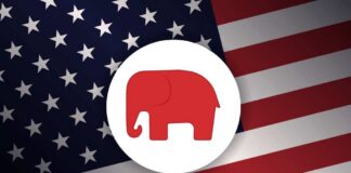 Red elephant icon on a background of the American flag