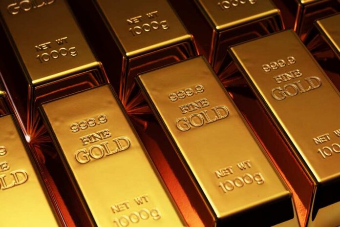 Close-up of gold bars stacked together